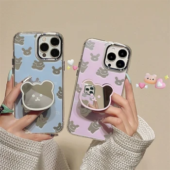 IPhone uchun Koreya 3D Mirror Cute ayiq qavs telefon Case 15 14 13 12 11 Pro Max yangi go'zal multfilm it Puppy qobiq do'st sovg'a
