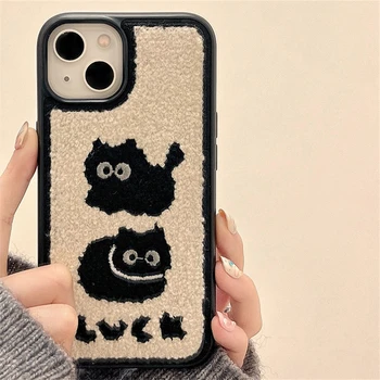 IPhone uchun Koreya Cute Cat sochiq kashtachilik telefon Case 14 13 12 15 Pro Max 11 Lovely qish Fur yumshoq qopqoqni his
